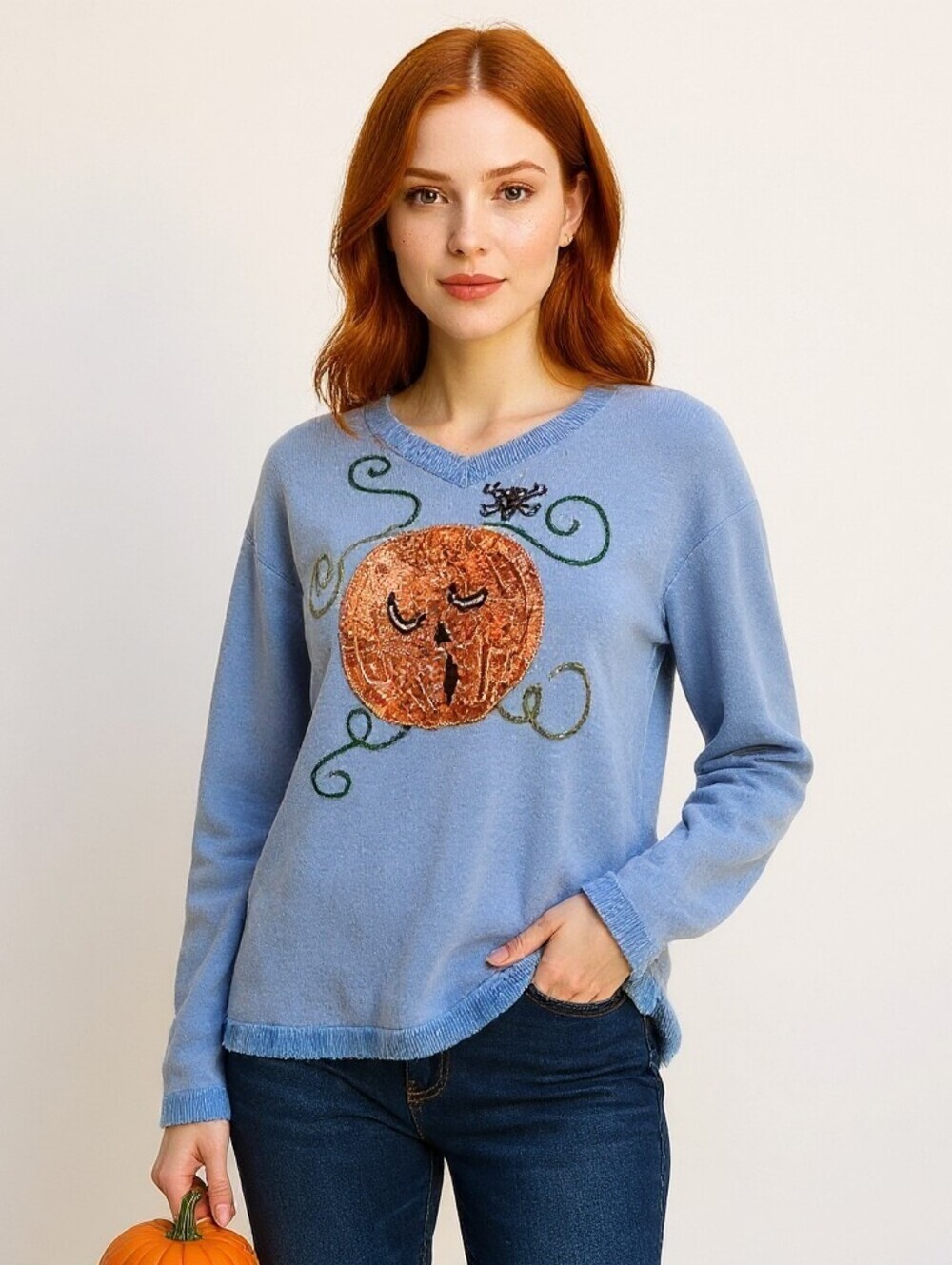 The Quacker Factory Vintage Blue Orange Pumpkin Halloween V-Neck Sweater